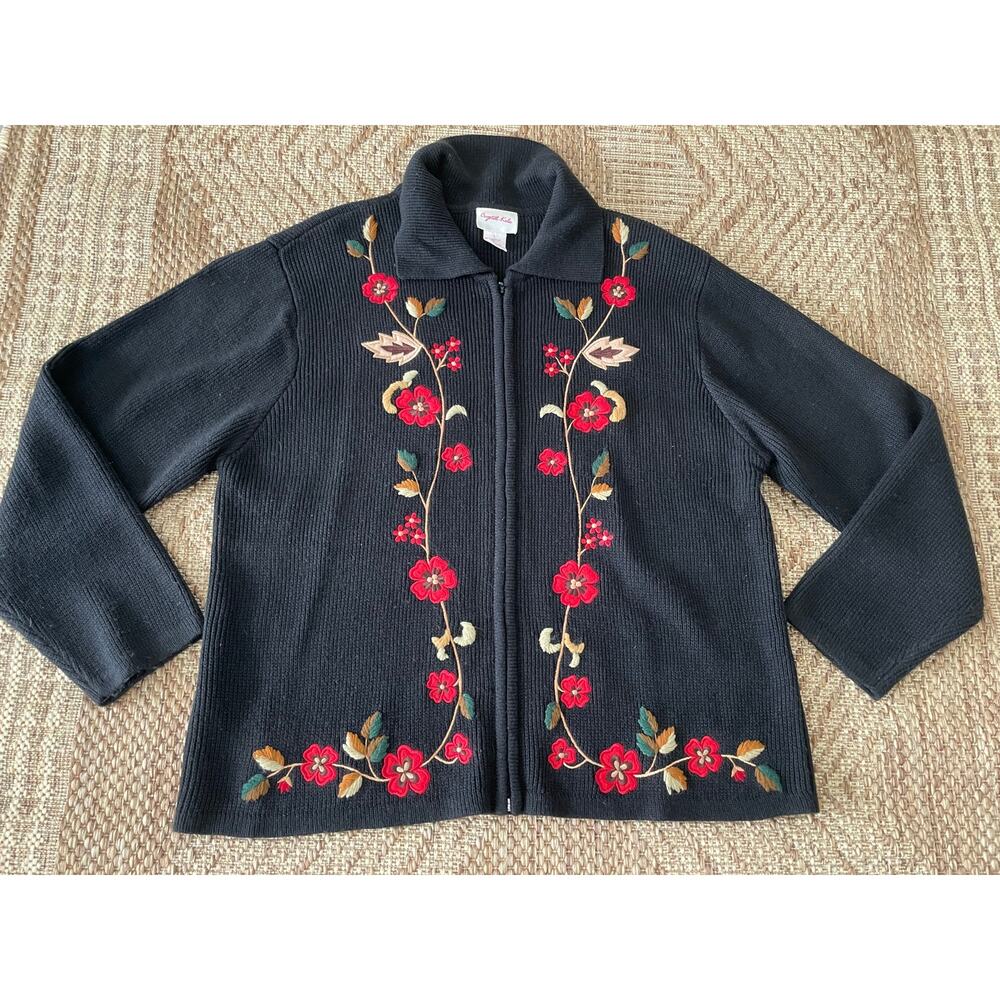 VTG> Crystal -Kobe Zipper front Cardigan Sweater floral Embroidery SZ L